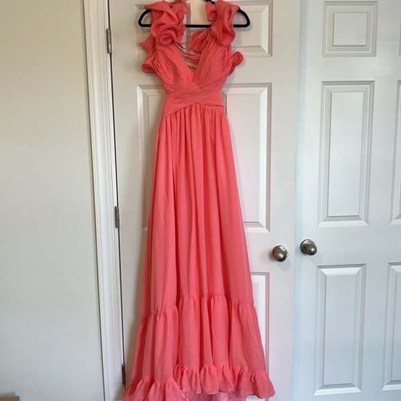 Coral Chiffon Ruffle Tiered Cut-Out Gown - Size 4 - Picture 3 of 12